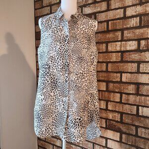 Chico's Sleveless Linen Long Collared Leopard Print Shirt Size 1